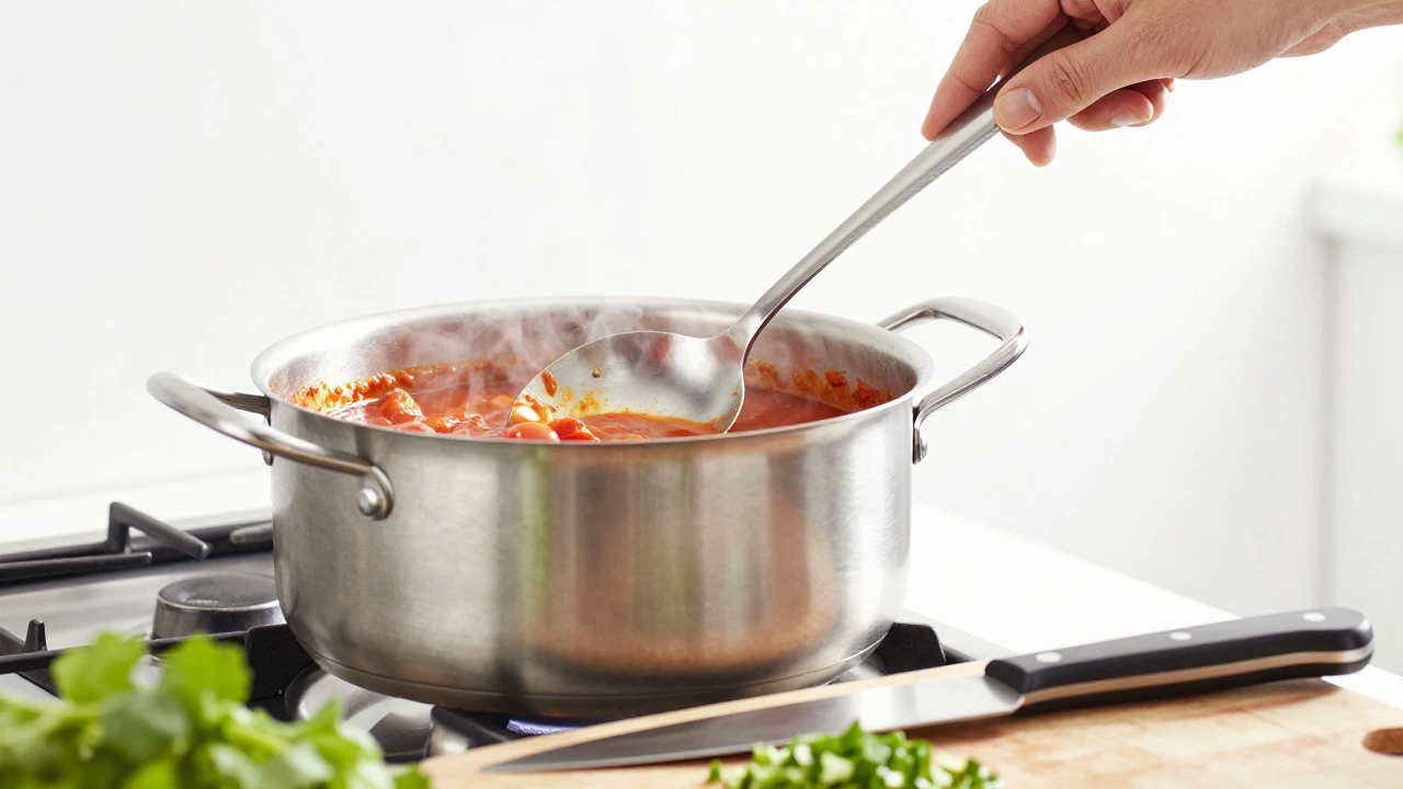 Stainless steel spoon stirring sauce in a pot while a knife rests idle