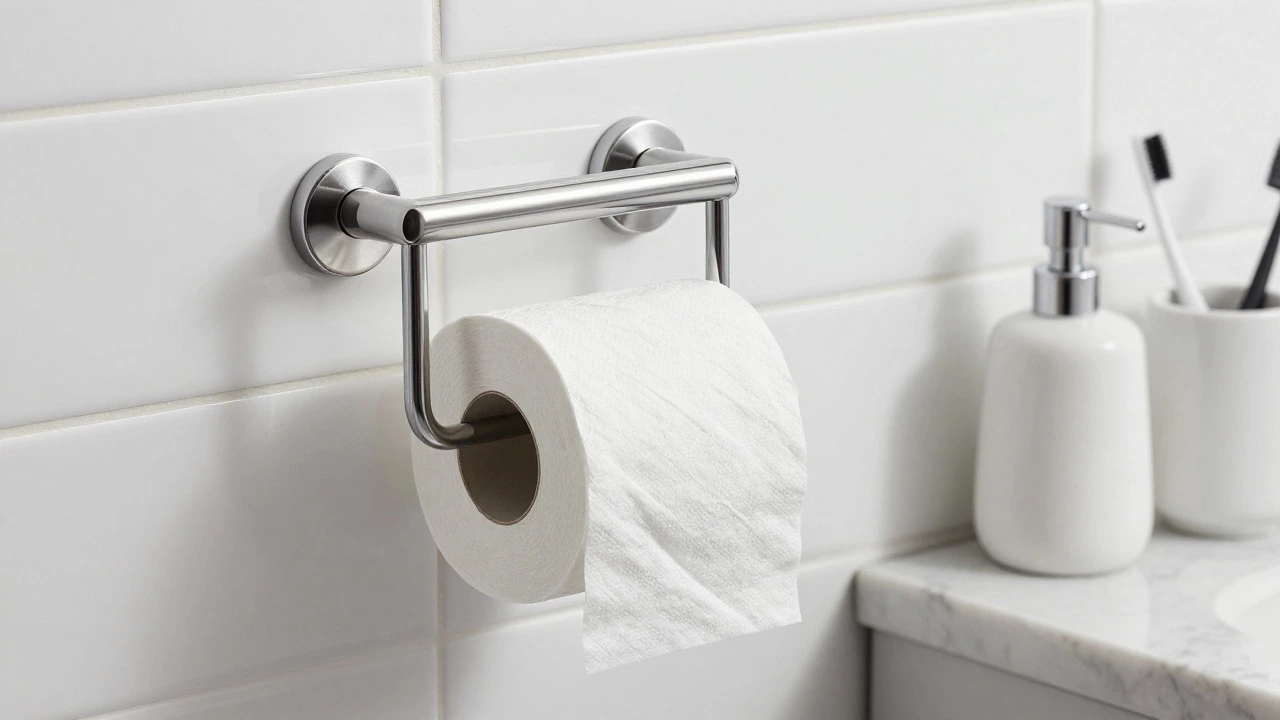 Stainless steel toilet paper holder and ceramic soap dispenser on tiled wall