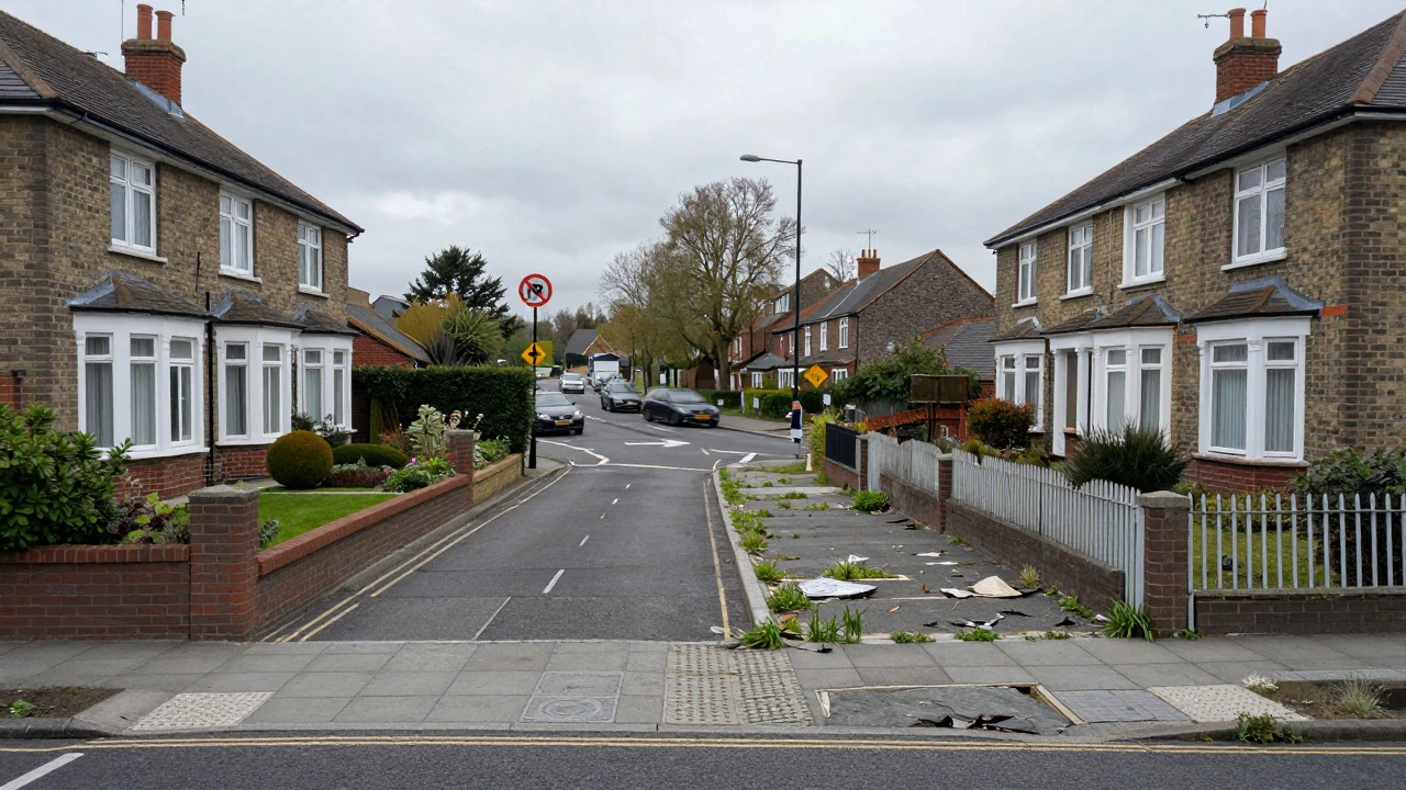 Suburban street comparing a maintained home with a neglected one near a busy road