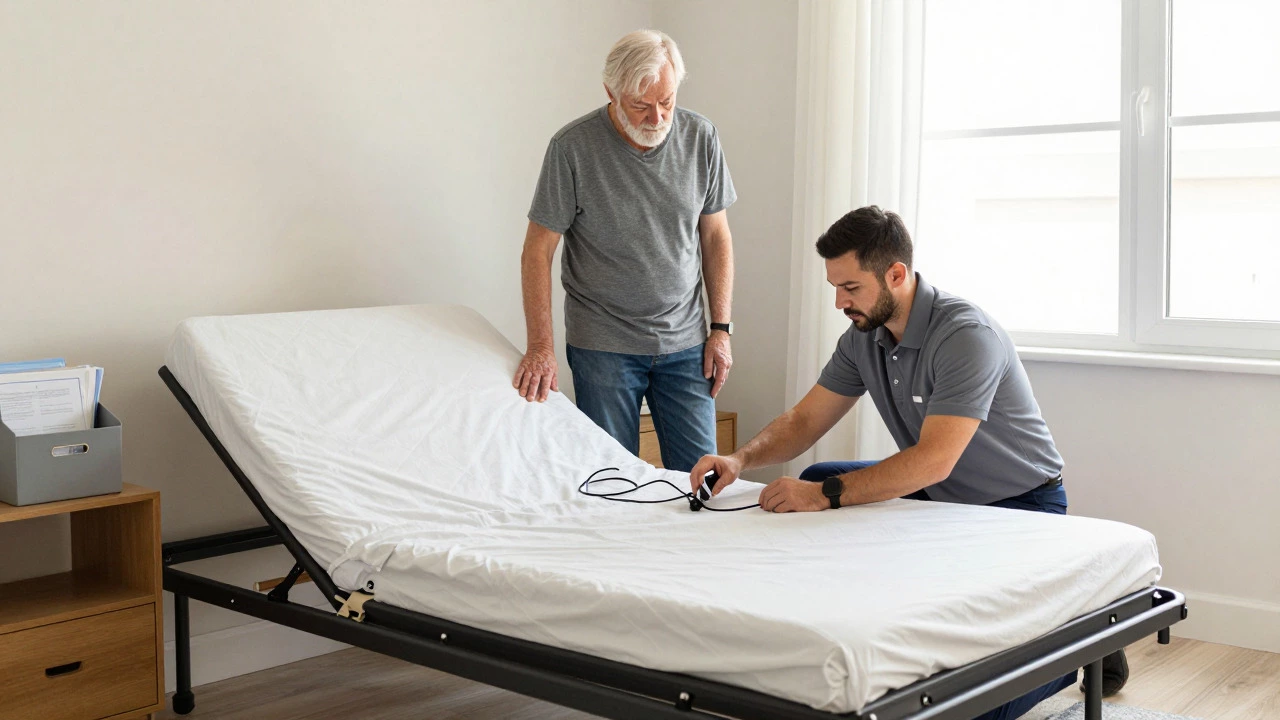 Technician installing an adjustable bed base in a senior's home bedroom