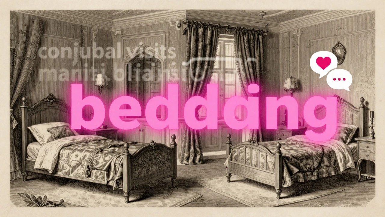 Vintage engraving style collage mixing historical bed imagery with modern dating app icons.