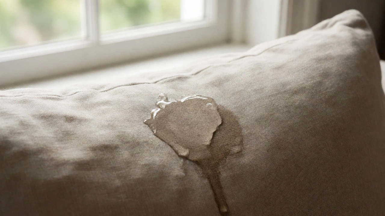 Water ring forming on a beige linen sofa cushion
