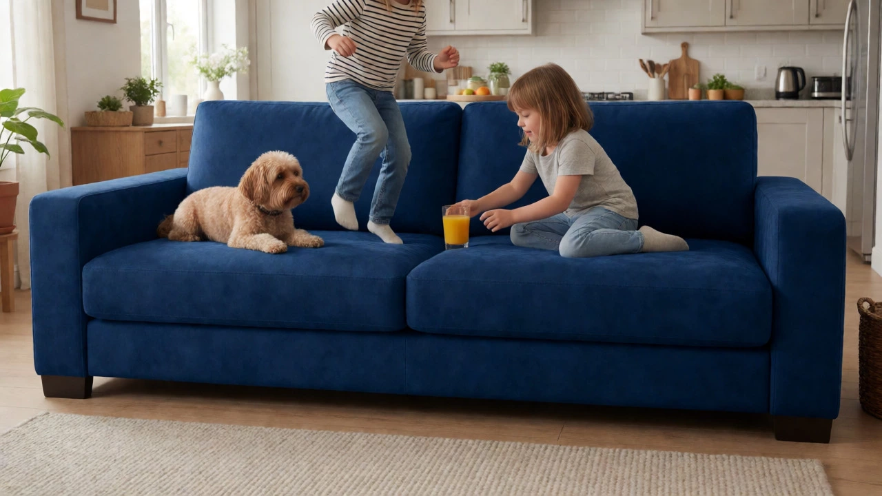 Children and dog playing on durable blue microfiber couch