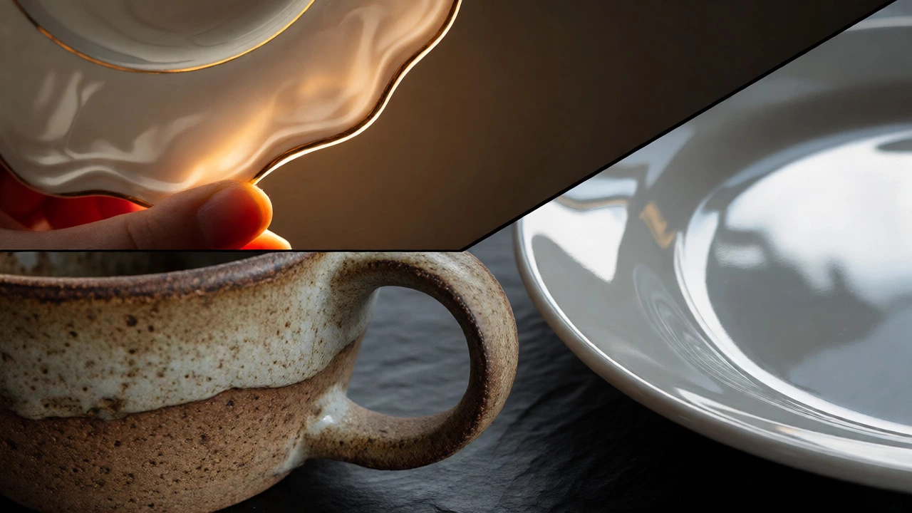 Close-up comparison of bone china, stoneware, and melamine textures