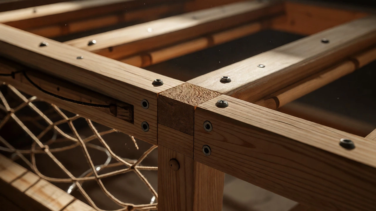 Close-up of a sofa's hardwood frame with dowel joints and eight-way hand-tied springs.