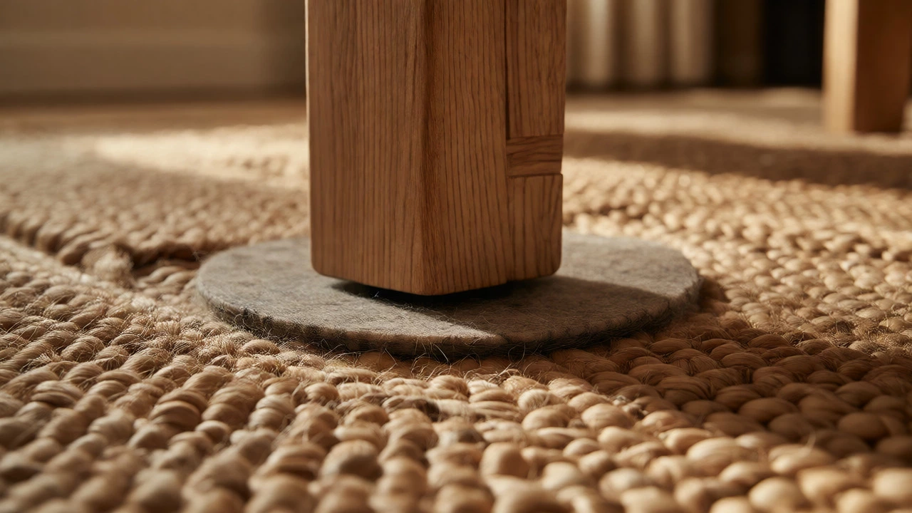 Close-up of table leg on jute rug with protective pad underneath