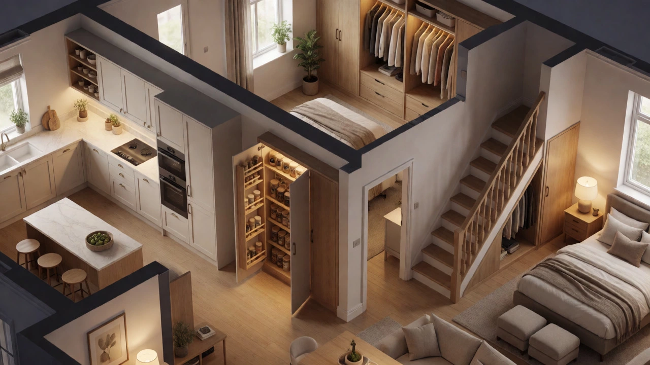 Cutaway view of a house showing organized kitchen and bedroom storage spaces.
