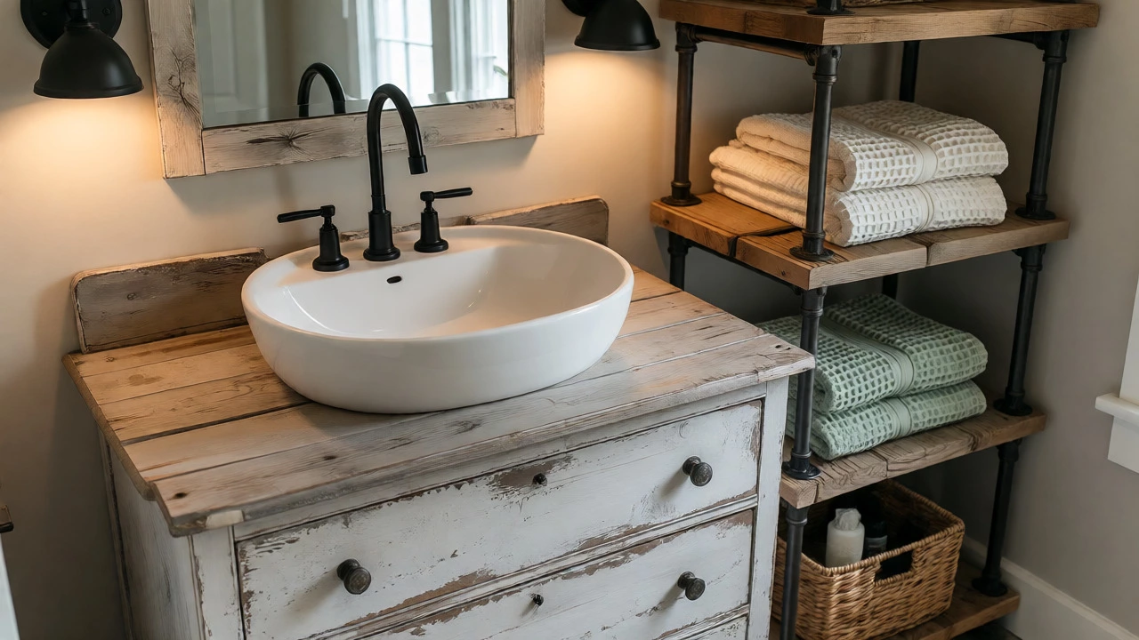 Distressed white-washed gray dresser vanity with matte black fixtures and open wood shelving.