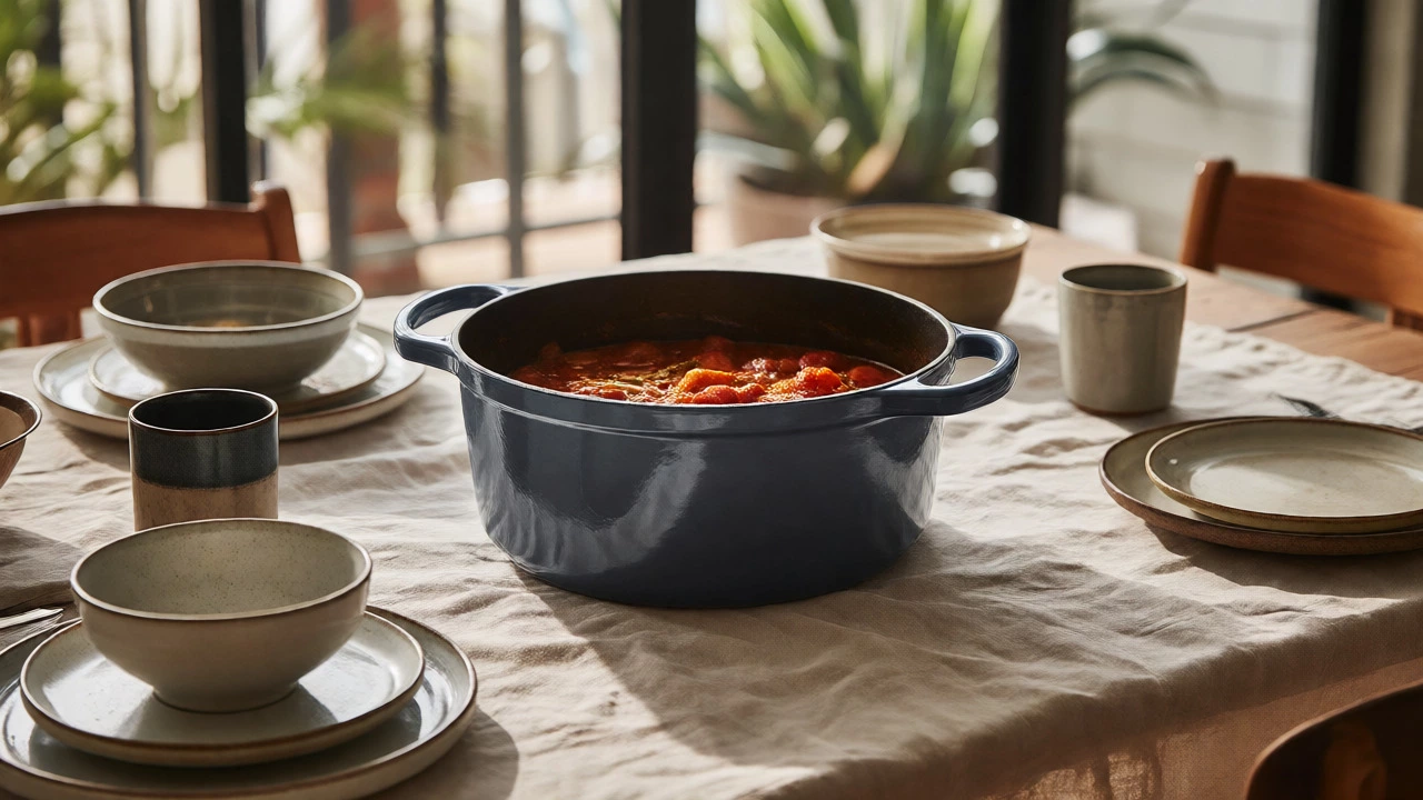 Enameled cast-iron pot served on a dining table surrounded by casual stoneware and melamine dishes.
