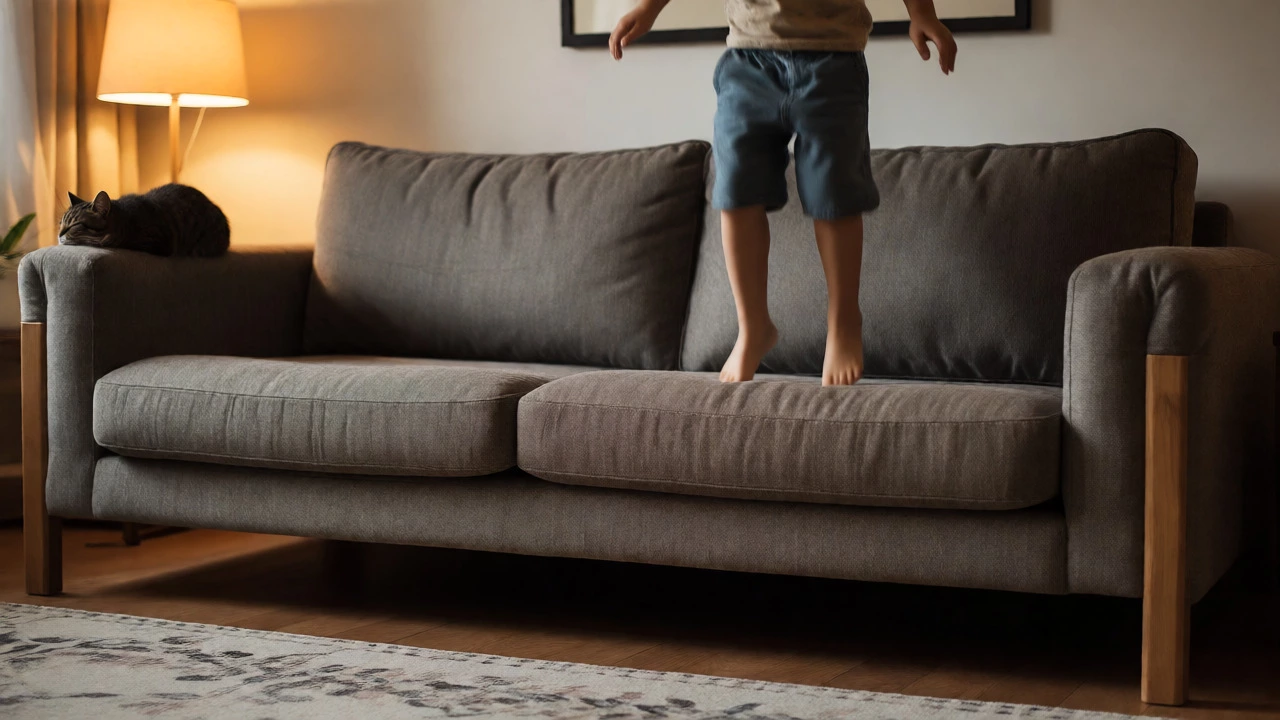 Family using a durable sofa with solid wood legs in a cozy, well-lit living room.