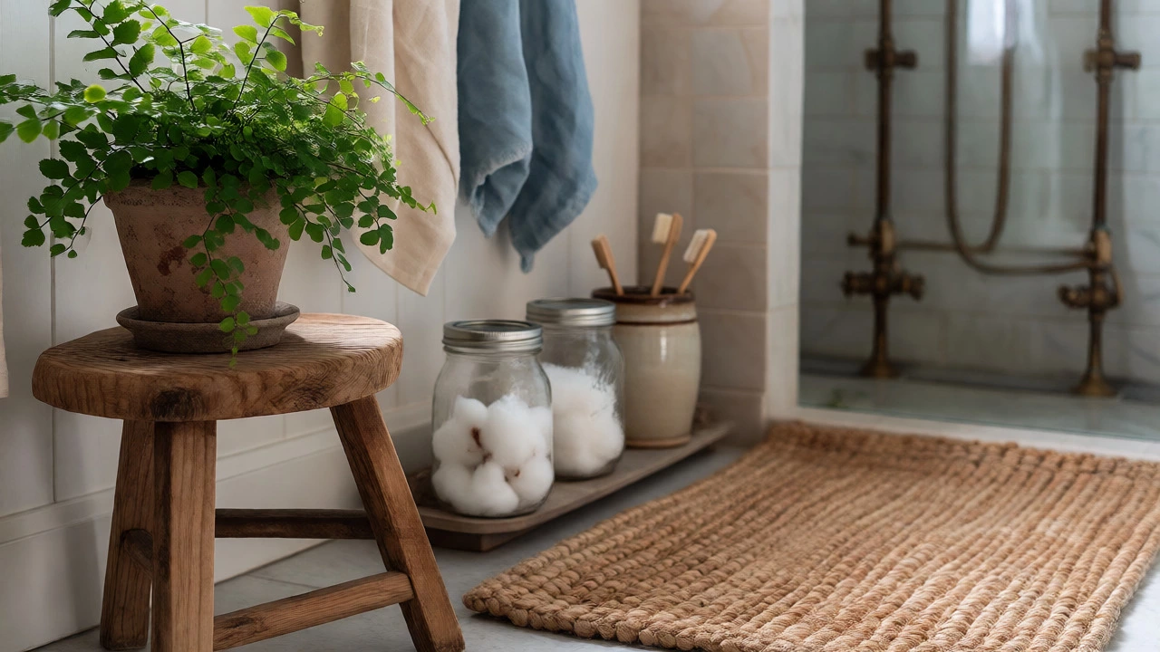 Farmhouse bathroom details featuring a wooden stool, potted fern, and woven baskets.