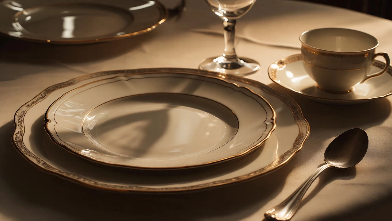 Formal dining setup with charger plate, dinner plate, and teacup on saucer