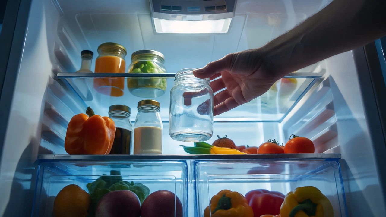 Interior of an open refrigerator with fresh food and a hand reaching for a jar.