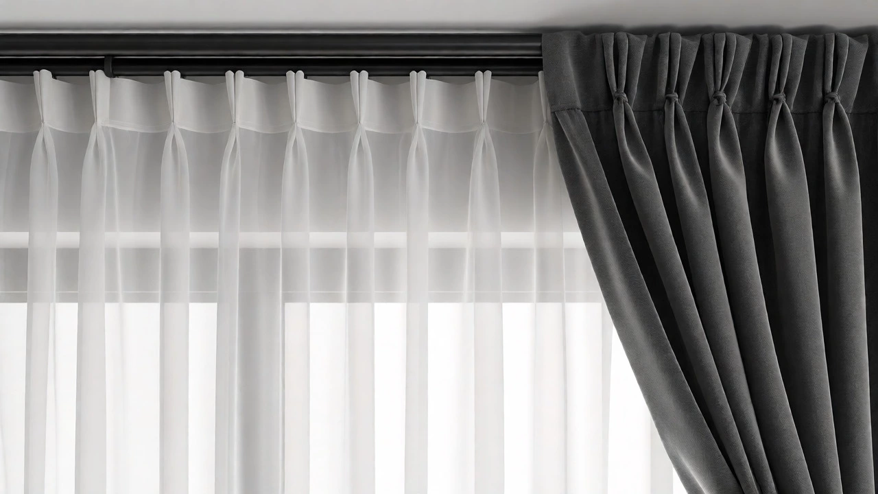Layered sheer and heavy drape curtains on a double rod system
