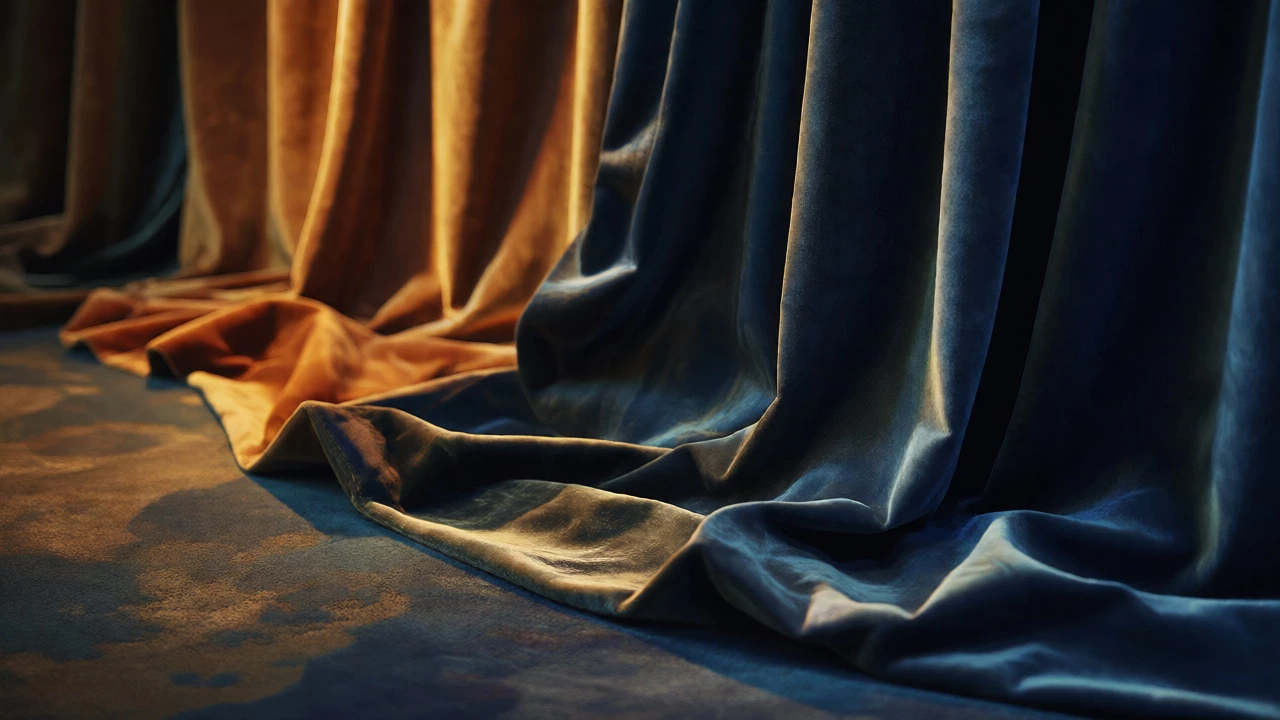 Luxury velvet curtains pooling elegantly on a plush carpeted floor