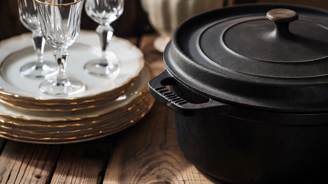Macro shot comparing rugged cast iron cookware with delicate bone china and crystal glassware.