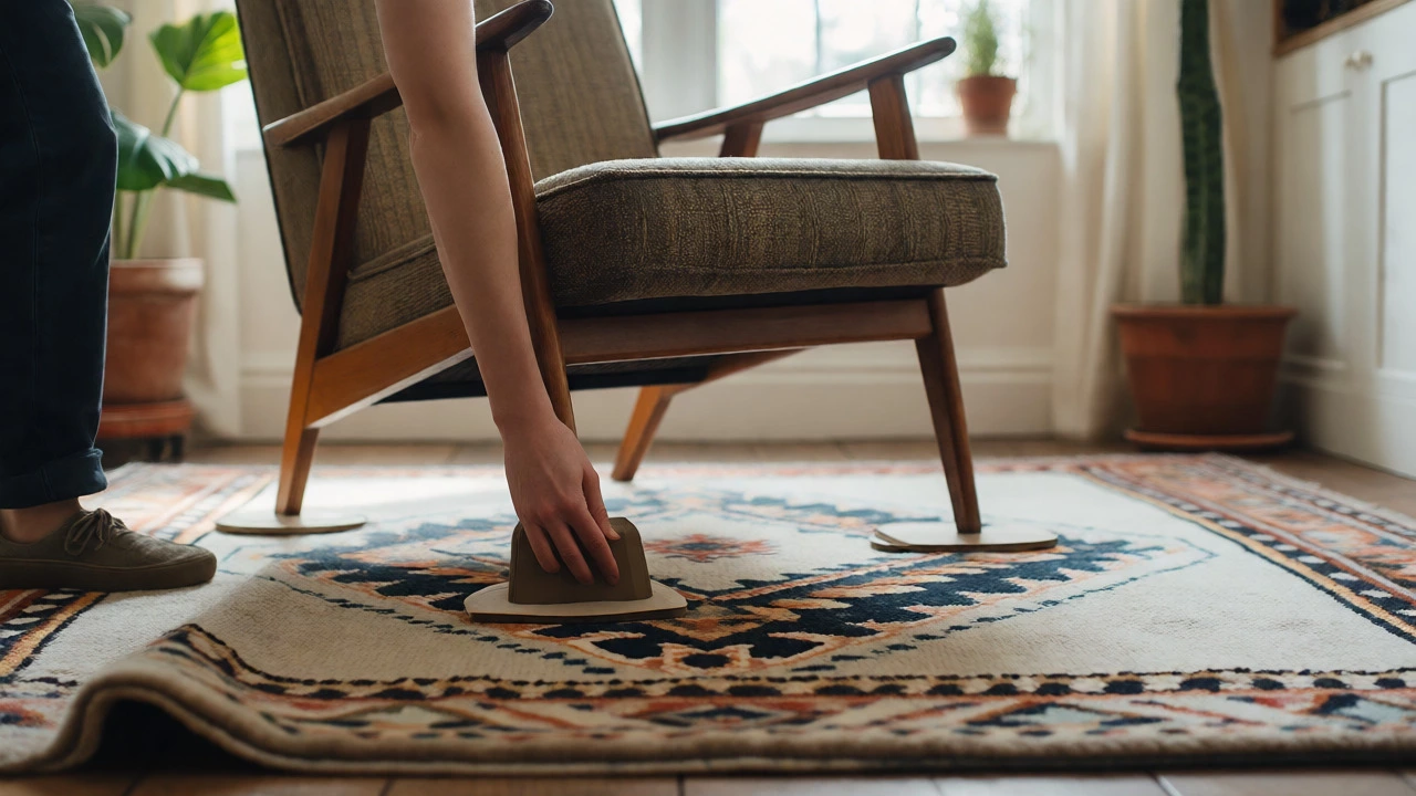 Person rotating rug and placing coasters under chair legs
