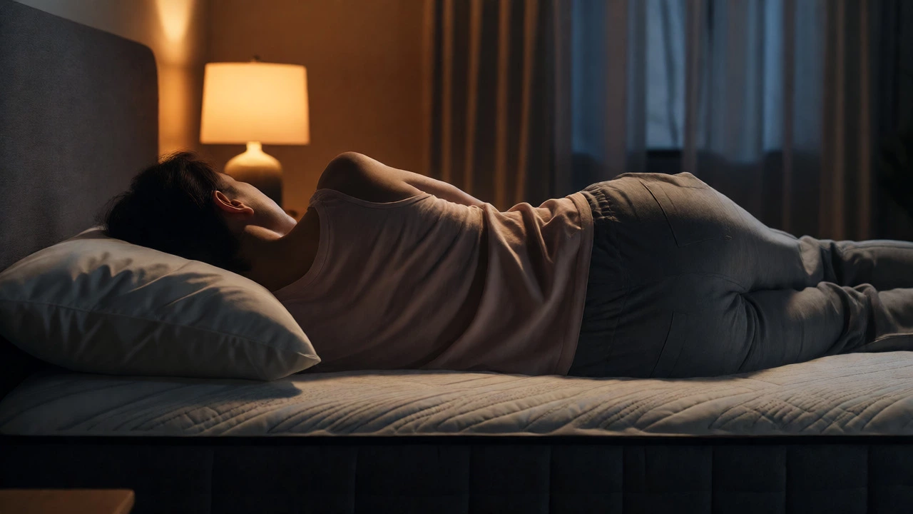 Person sleeping on side with pillow between knees on new mattress at night