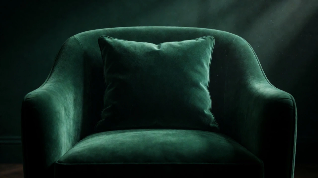 Plush emerald green velvet armchair in dim elegant lighting