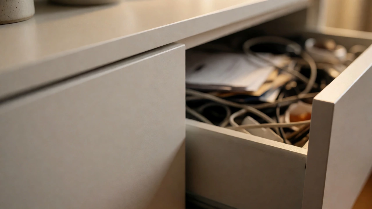 Split view comparing a closed neat cabinet with an open cluttered drawer.