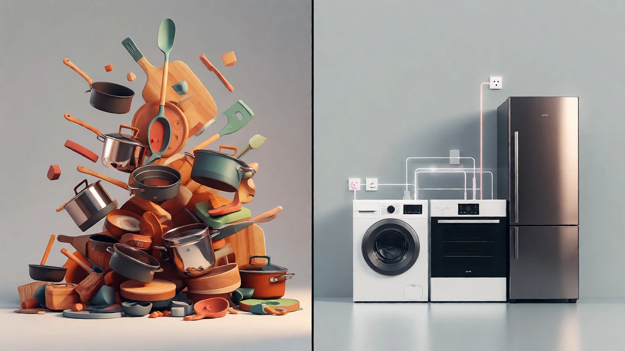 Split view comparing scattered manual kitchen tools against fixed electrical appliances.