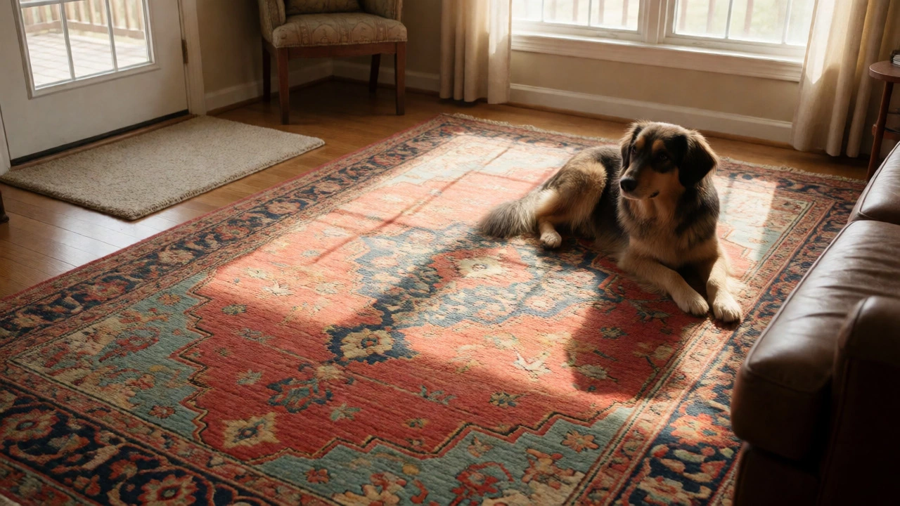 Sunlit living room with a durable vintage wool rug and a resting dog