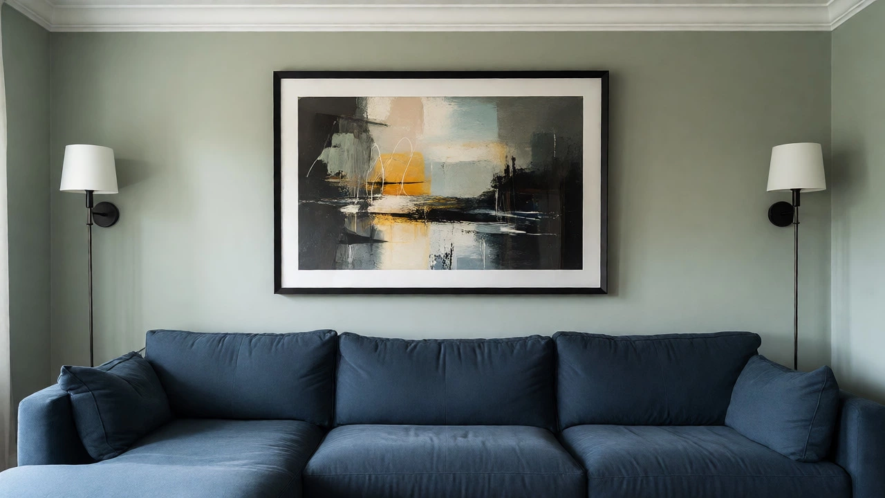 Abstract art hung above a sofa following the two-thirds width rule.