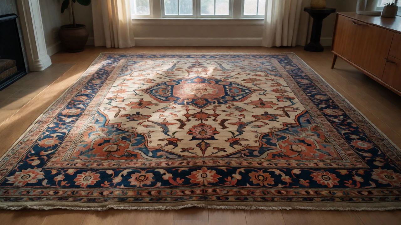 Authentic Persian rug lying flat in a sunlit living room