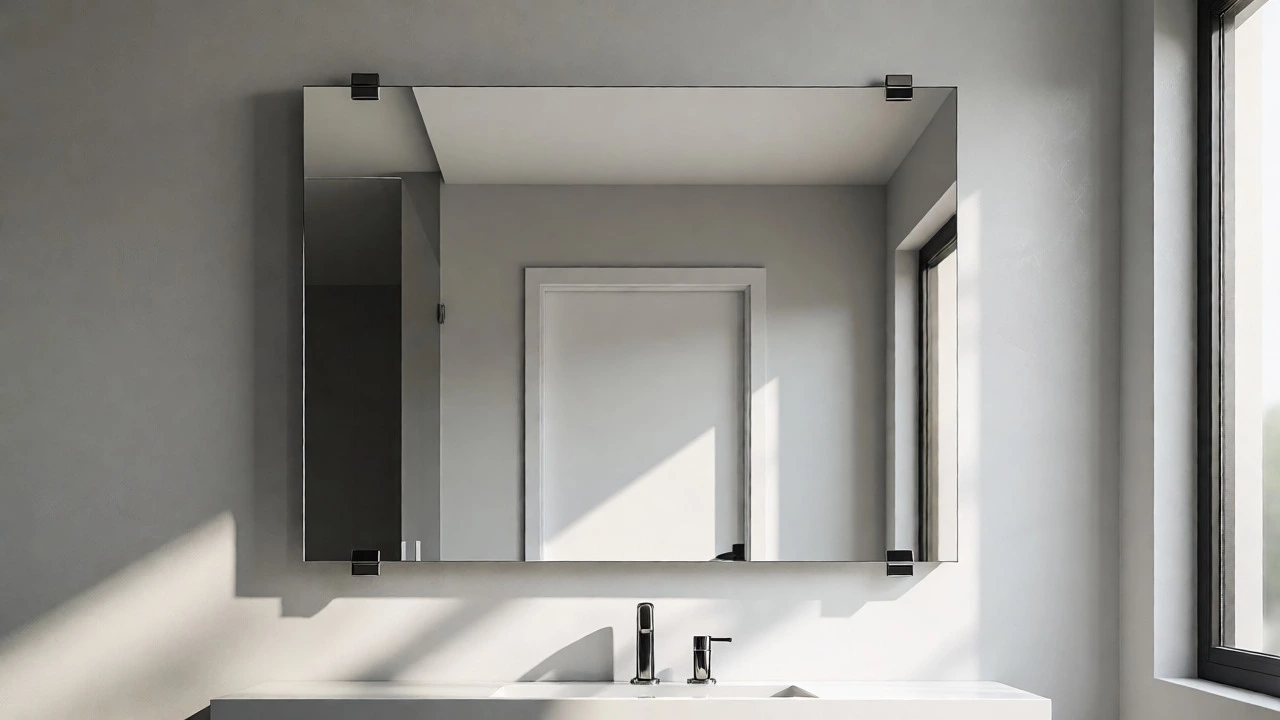 Clear frameless bathroom mirror reflecting a straight door frame without distortion