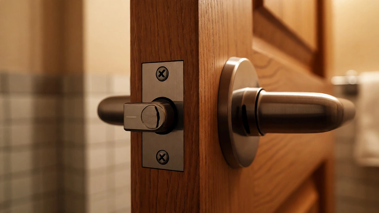 Close-up of a privacy lock on a bathroom door ensuring security in a shared space