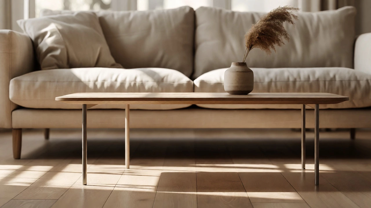 Coffee table placed at optimal distance from a beige linen sofa for legroom.