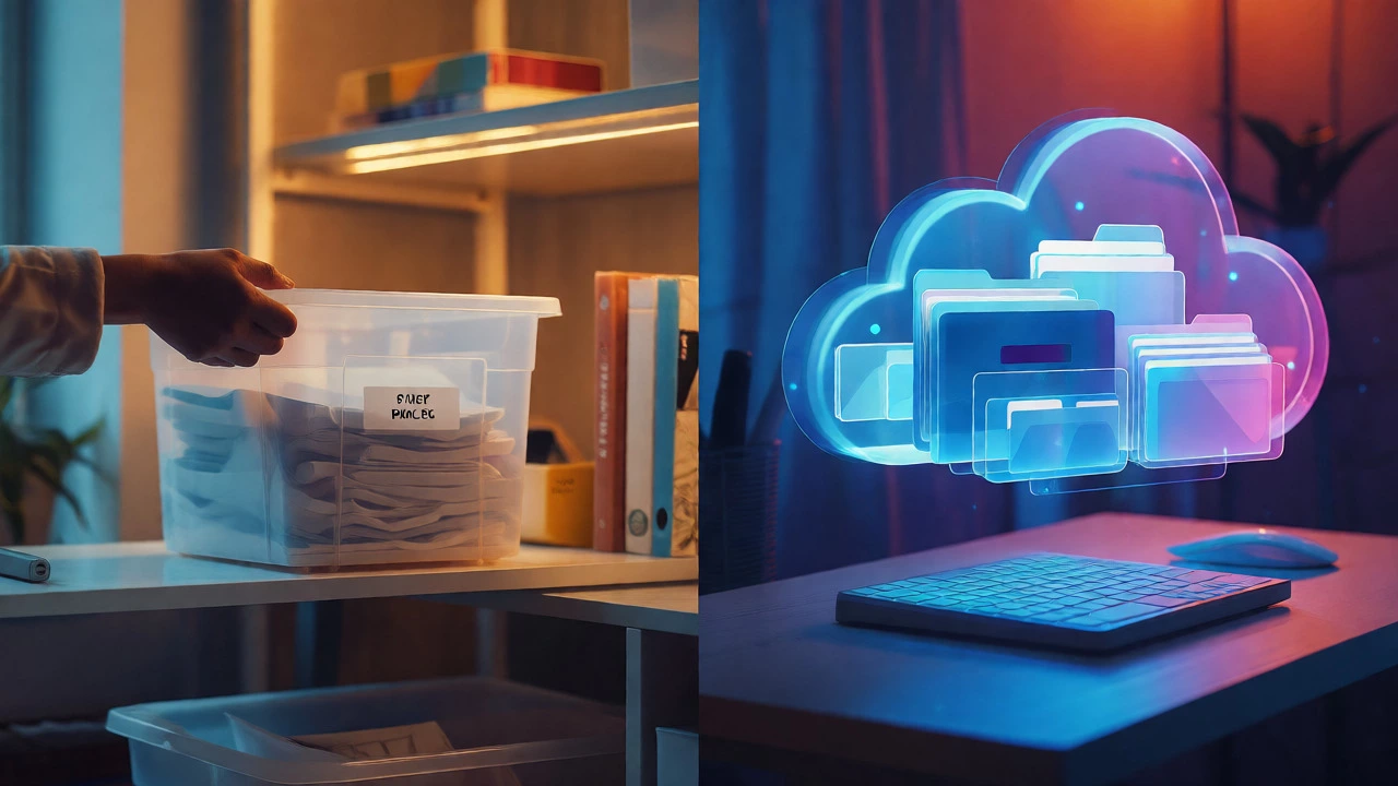 Conceptual image of physical bins and digital cloud folders