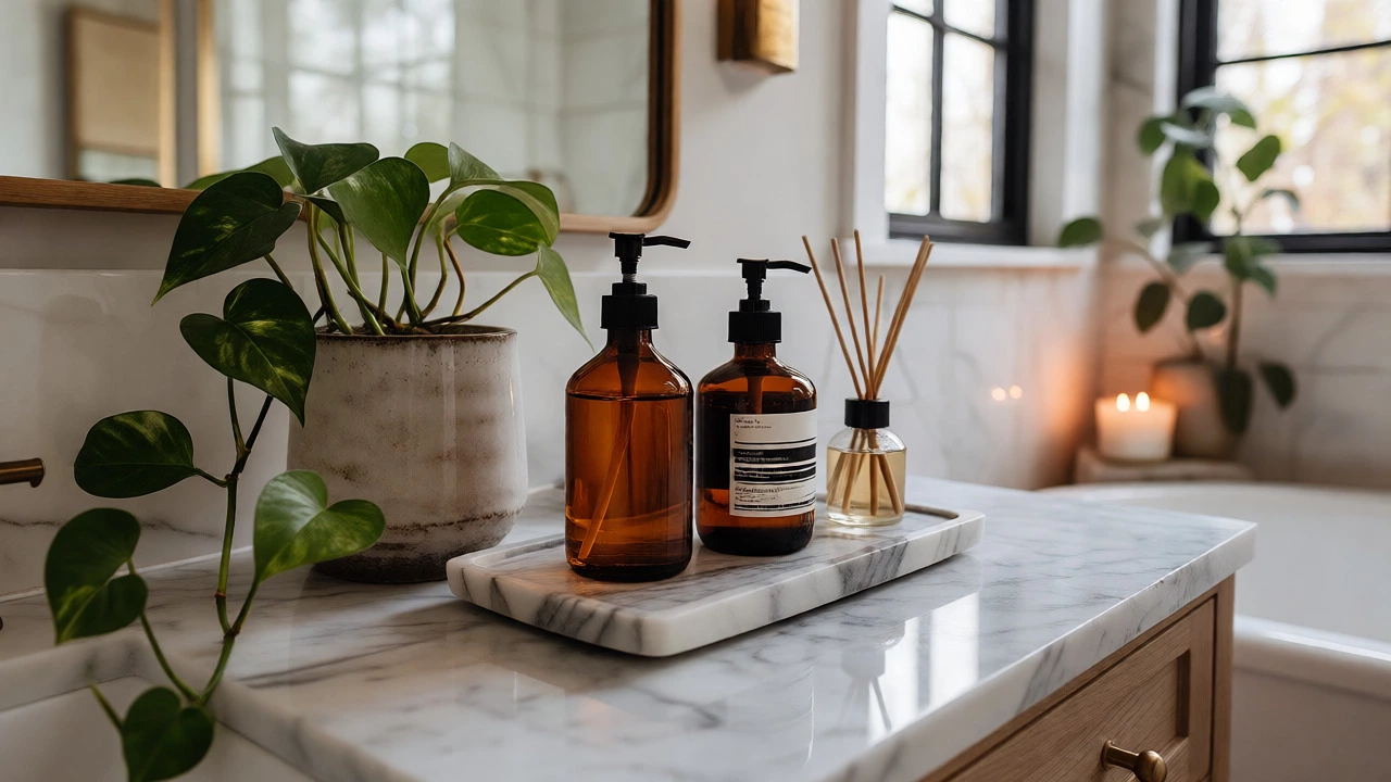 Curated bathroom counter with matching dispensers, plants, and candles