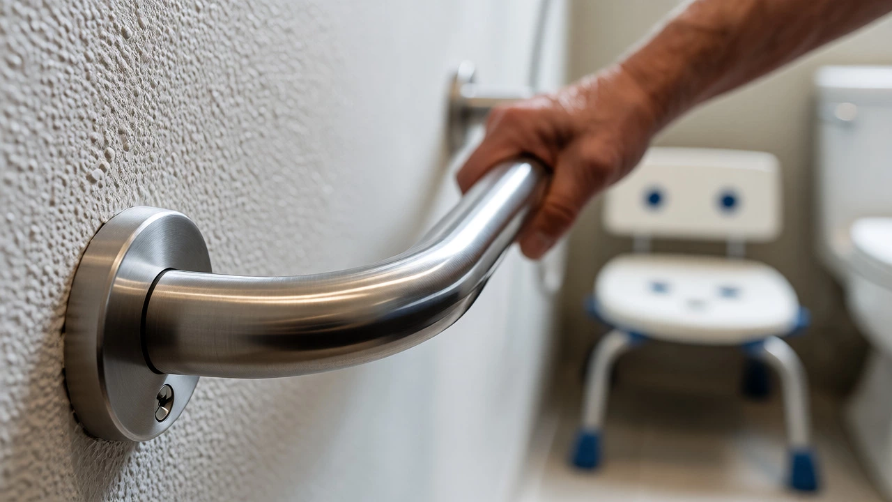 Hand gripping a stainless steel grab bar near shower equipment