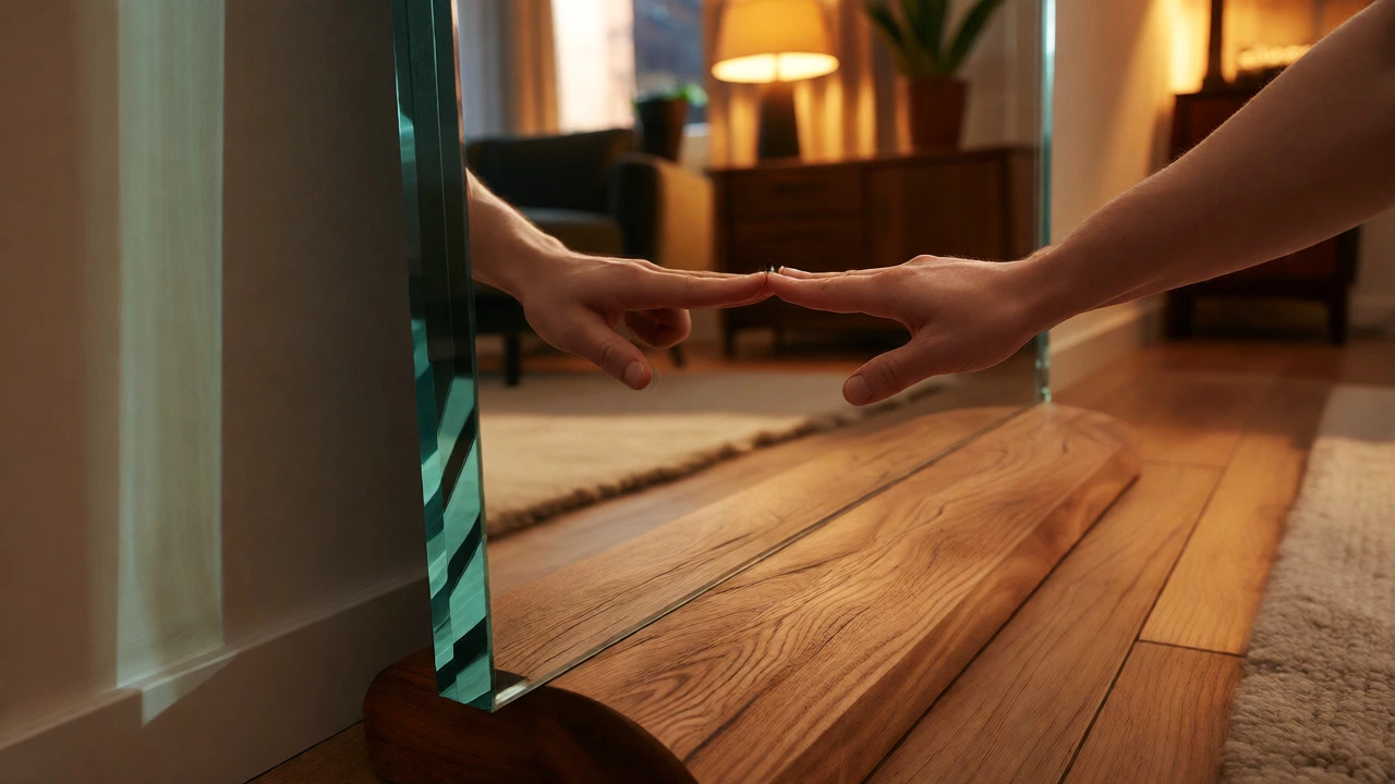 Heavy floor-standing mirror being tested for rigidity by a hand