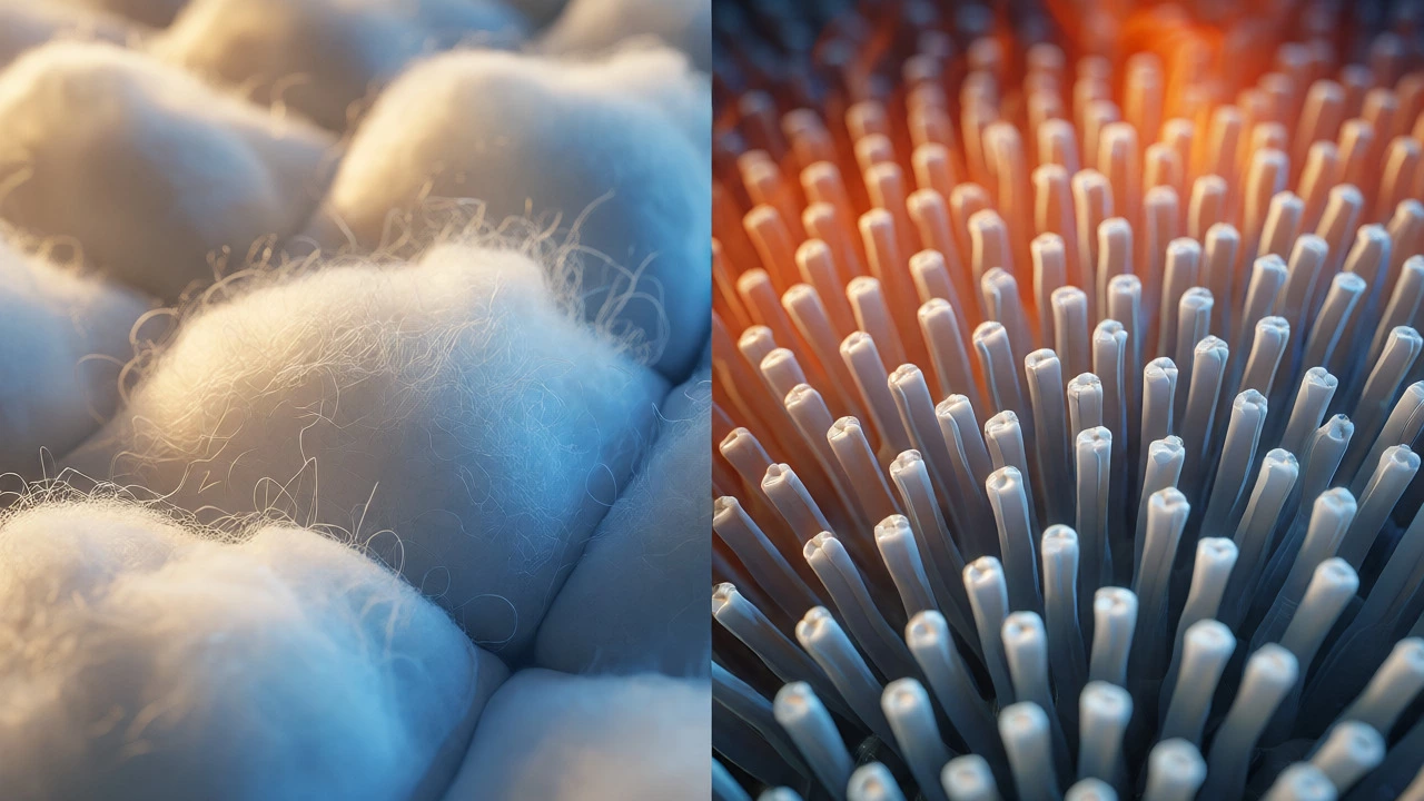 Macro comparison of breathable cotton vs shiny polyester fibers