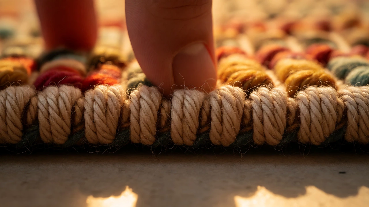 Macro view of dense wool knots and resilient pile texture