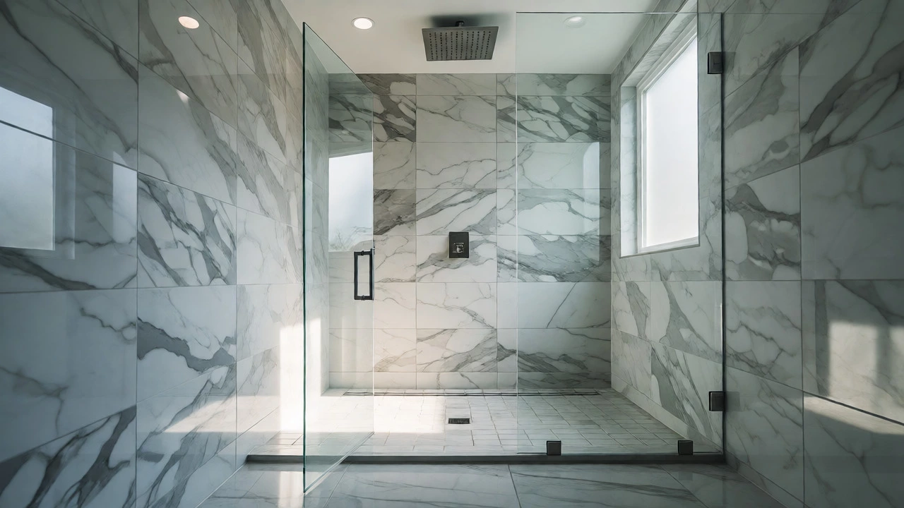 Modern curbless walk-in shower with glass enclosure