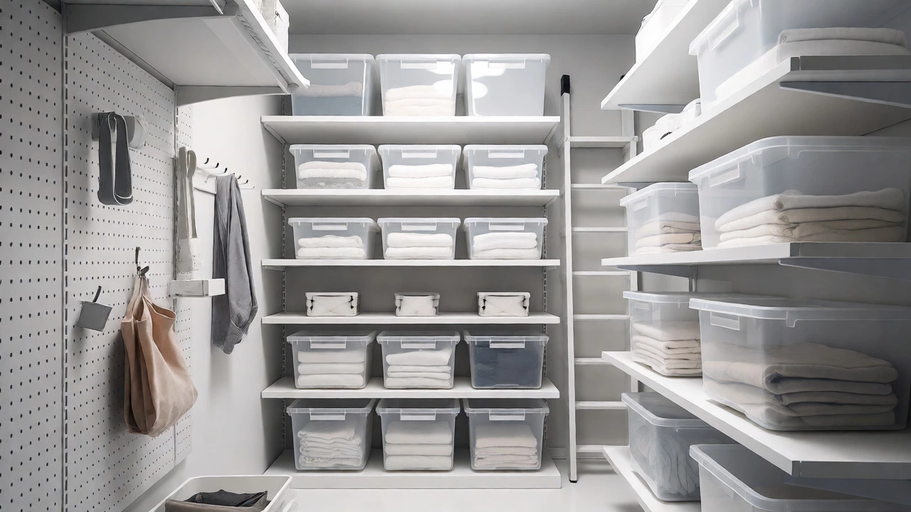 Organized closet with clear bins and vertical pegboard storage