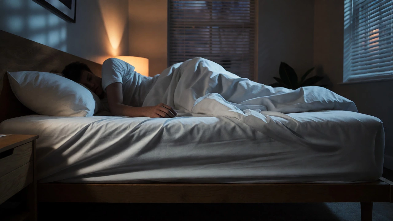 Person struggling with slipping synthetic sheets at night