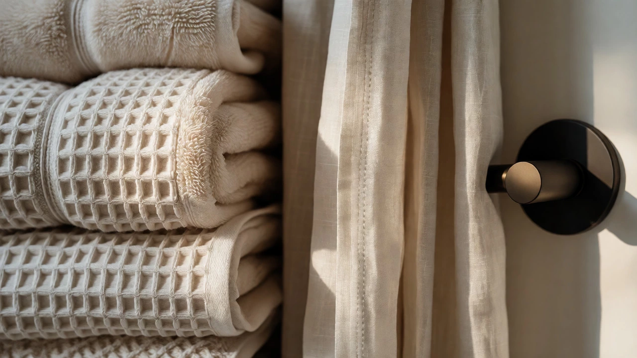 Plush textured towels and unified matte black hardware highlight tactile luxury