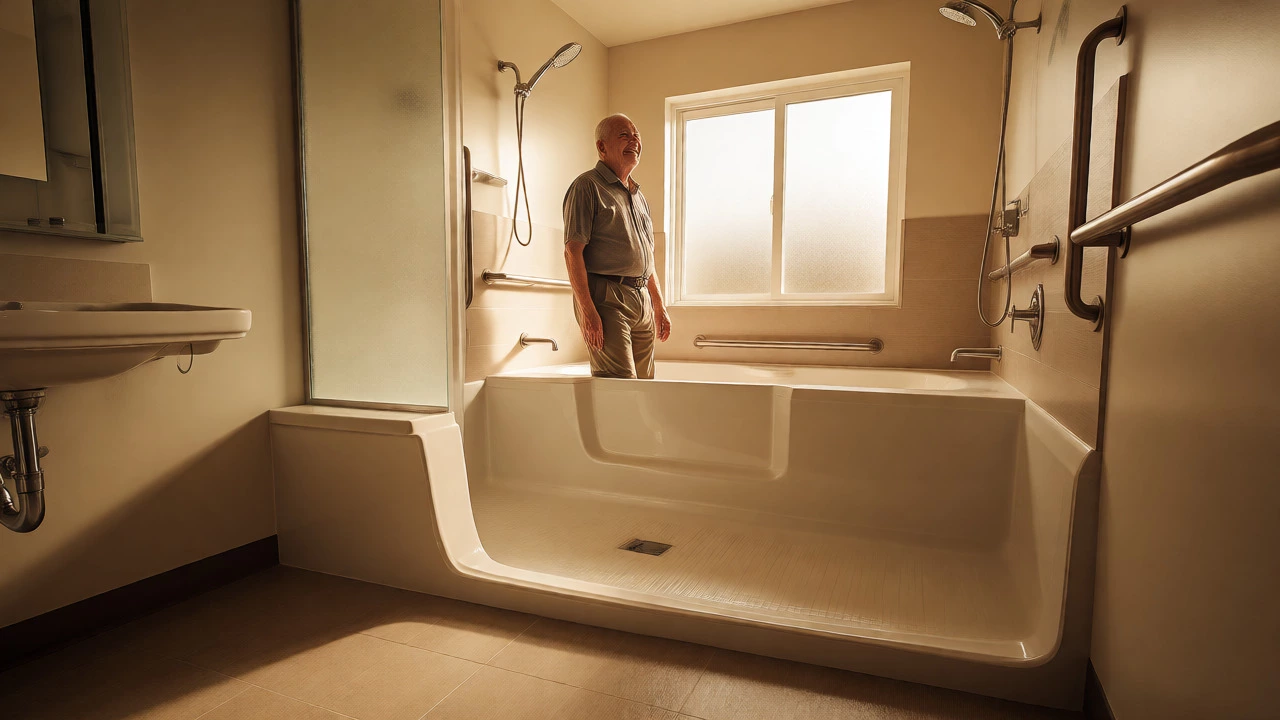 Senior man enjoying a safe, modern walk-in tub installation