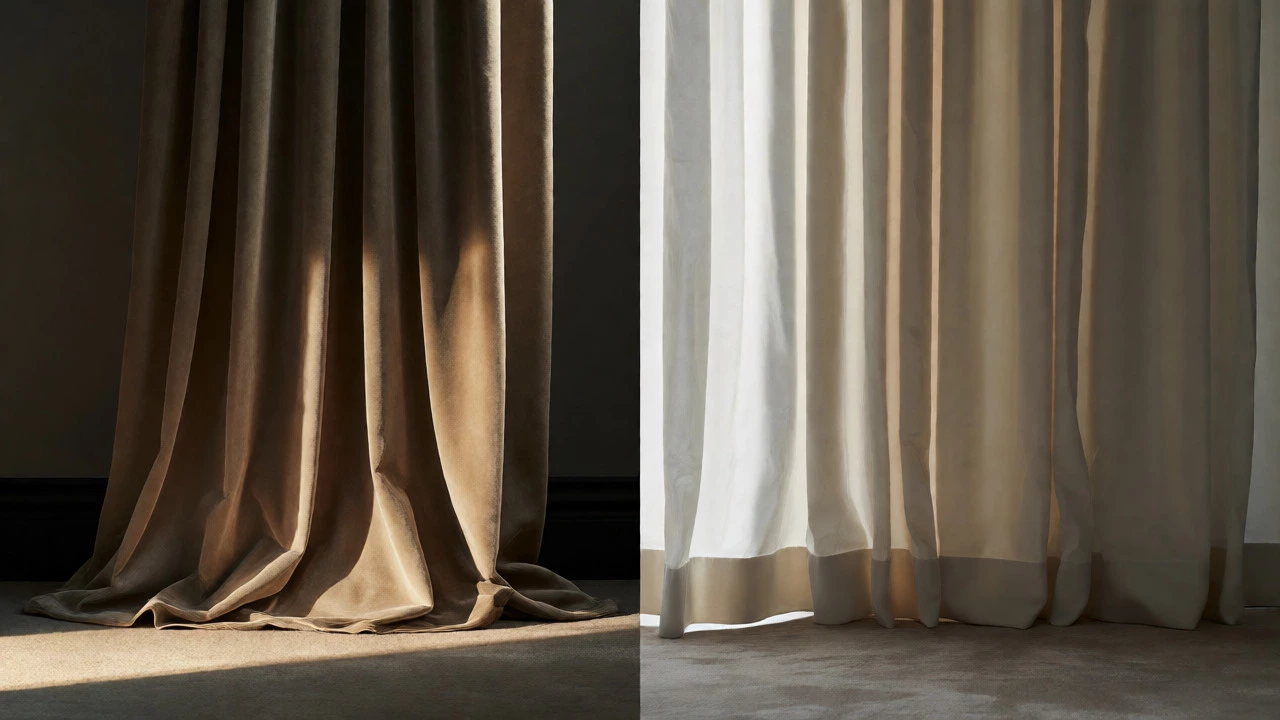 Side-by-side comparison of pooled velvet drapes and crisp floating cotton curtains