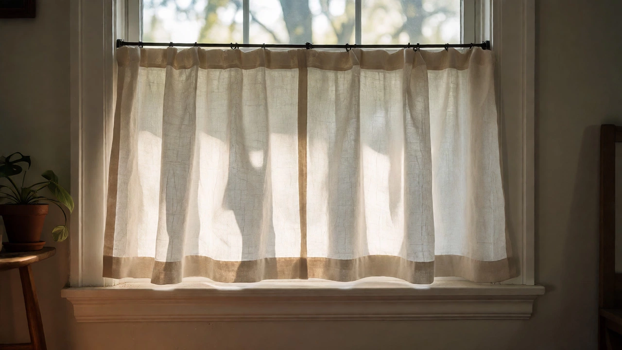 Sill-length linen curtains in a sunny study, ending precisely at the window ledge