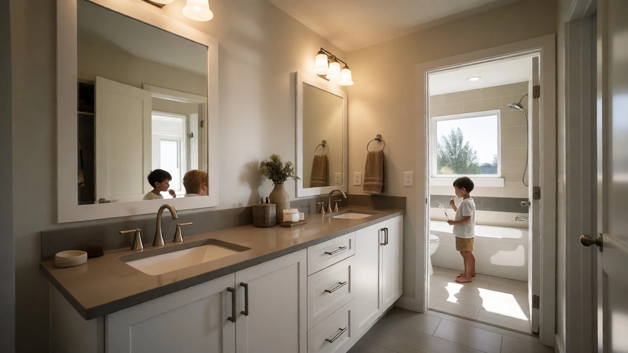 Split vanity bathroom with two sinks where children brush their teeth simultaneously