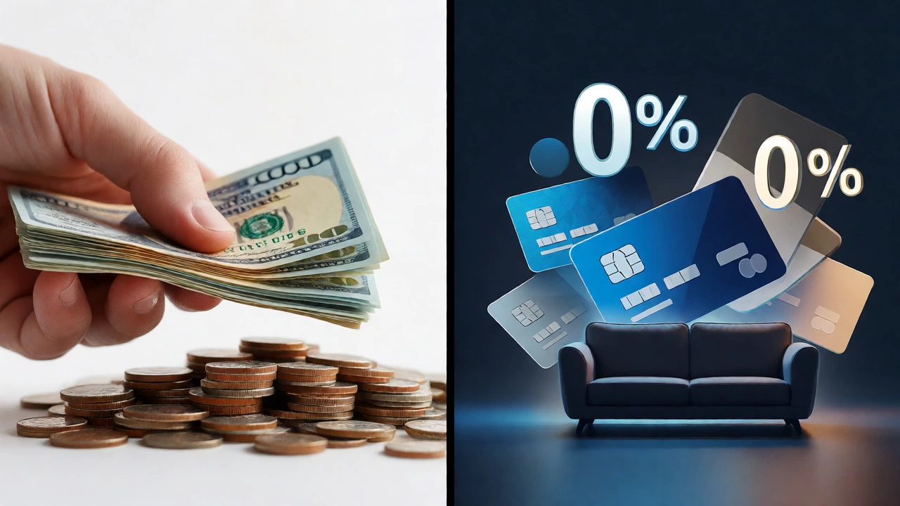 Split view comparing cash payment with credit card financing concepts