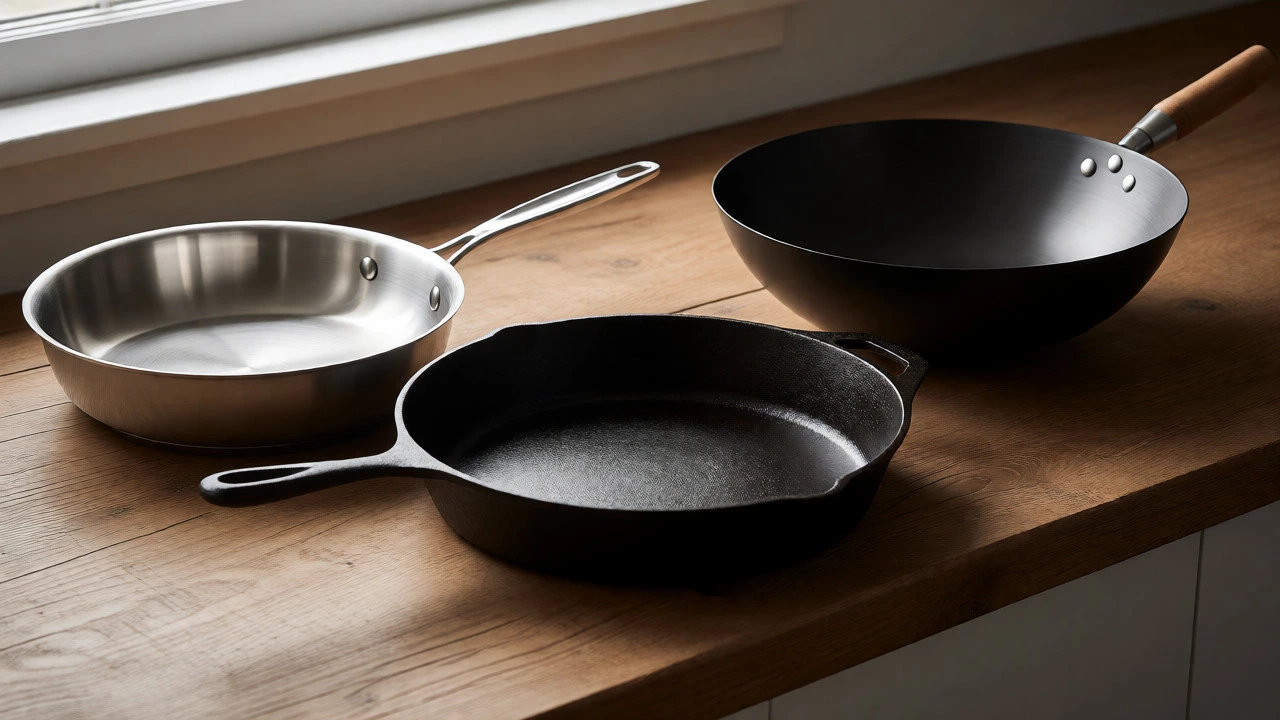 Stainless steel, cast iron, and carbon steel cookware on a counter