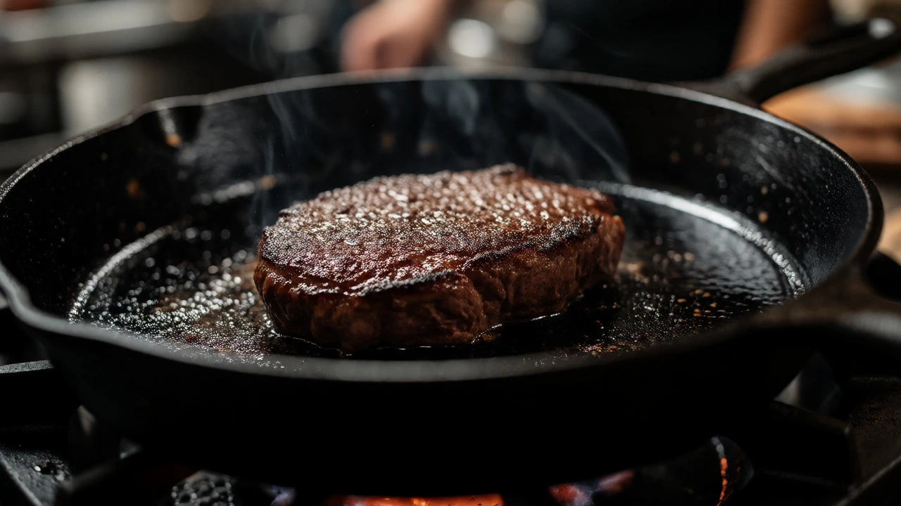 Steak searing in a seasoned cast iron skillet with rising smoke